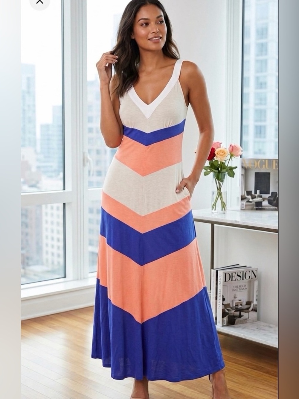 Bebe NWT Colorblock Chevron Maxi Dress Size M Blue Pink White Sleeveless Summer - Picture 2 of 6